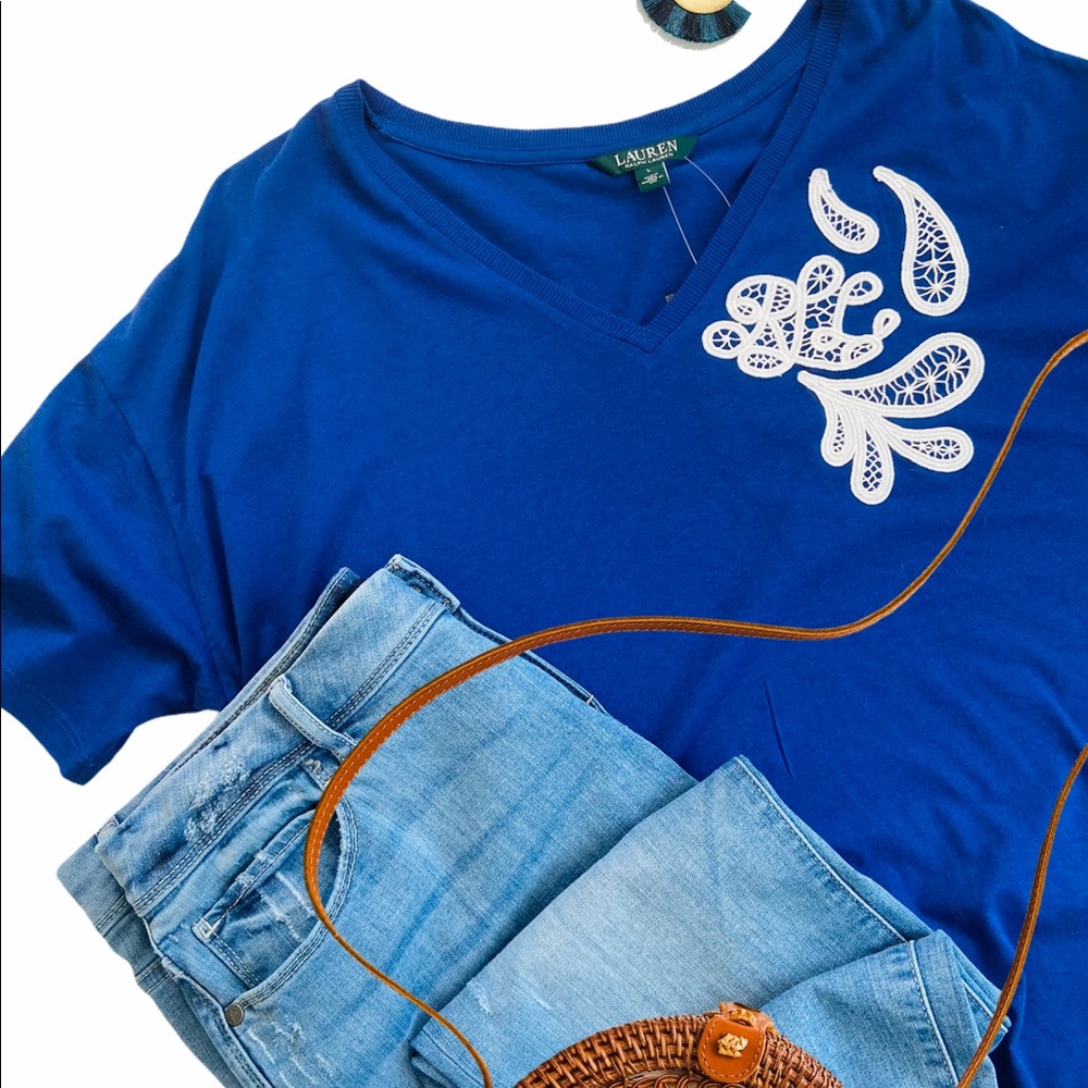 Ralph Lauren boxy monogram v-neck tee lace trim